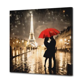 ZHOUWALLPIC Eiffel Tower Canvas Wall Art Red Umbrella Couple Paintings Romantic Paris Night Street Picture Prints for Home Decor Framed(Landscape-1,12.00" x 12.00")