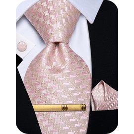 YourTies Silk Ties for Men Paisley Floral Striped Necktie and Pocket Square Cufflinks Tie Clip Set 4PC, A Pink, One Size