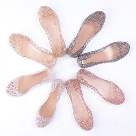 Stunner Women's Beach Jelly Shoes Slip On Crystal Summer Soft Hollow Ballet Flats Silver 40(8.5)