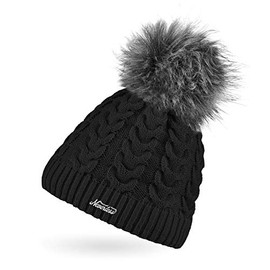 Neverless® Ladies Knitted Hat Lined Fur Pom Faux Fur Bobble Hat Fleece Lining Cable Knit Pattern, 15581 Black