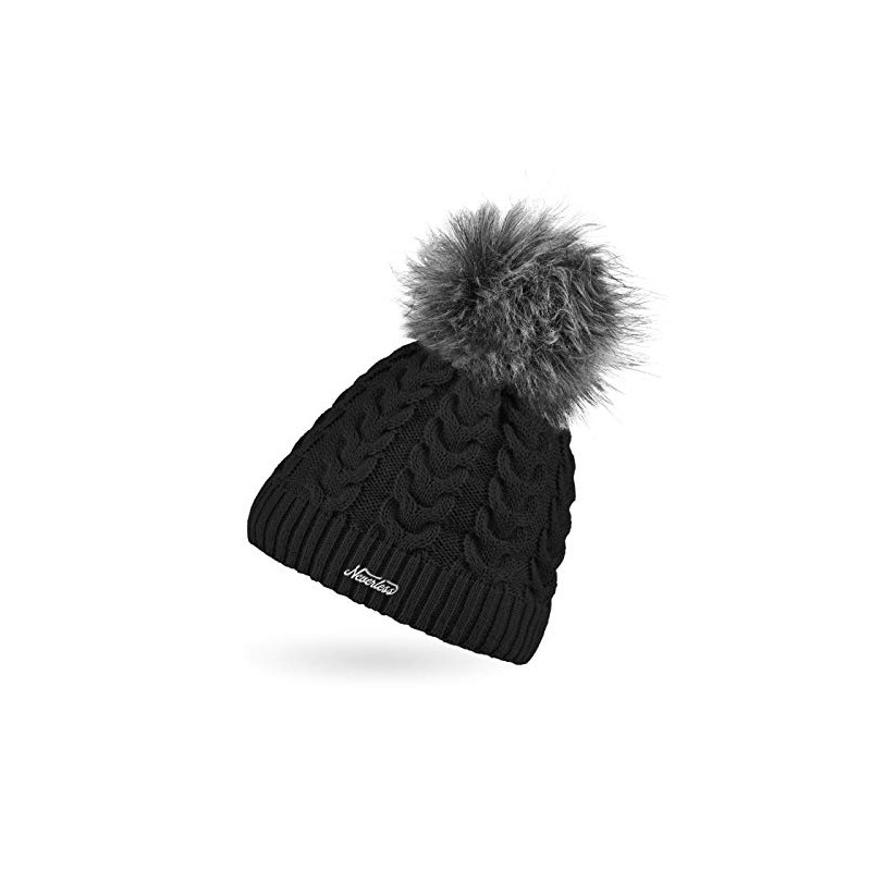 Neverless® Ladies Knitted Hat Lined Fur Pom Faux Fur Bobble