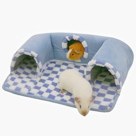 Lfokd Guinea Pig Hideout Tunnel with Warm Bed for Small Pet 3 Cave Small Animal Tunnel Toy Cages Blue