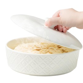 MISSYSSIM Tortilla Warmer, Embossed Tortilla Holder Servers with Lid, 8.8 Inch - Taco Tuesday, Taco Bar, Microwavable Storage Container, Ceramic Bread Warmer Pancake Warmer - Oven Safe, White