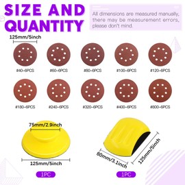 Swpeet 62Pcs 10 Sizes 5 Inch 8 Hole Sanding Discs Sandpaper Hook and Loop Pads with Round and Mouse-Shaped Hand Sanding Blocks for Circular Sander Grits - 40/60/80/100/120/180/240/320/400/800 Grits