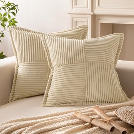 EMEMA Cushion Covers Corduroy Beige Throw Pillow Covers Square Striped Soft for Sofa Bedroom Decorative Pillowcases 16x16 Inch 40x40cm Set of 2