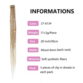 Dsoar Thin Dreadlock Extensions 20 Inch Clip In Dreads Handmade Dreads 3 Pieces Crochet Loc Extensions (27/613#)