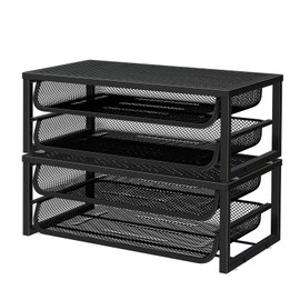 2 Pack 2-Tier Metal Monitor Stand Riser and Computer Desk Organizer with 2 Drawer for Laptop, Computer, iMac, Black