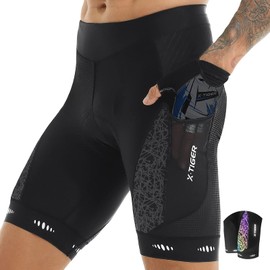 X-TIGER - Pantalones cortos de ciclismo para hombre con bolsillo trasero, 5D de gel acolchado para hombre, medias medias de ciclismo de montaña y carretera, A-negro-reflectante (2 bolsillos