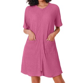 Ekouaer Women Zipper Robe Short Sleeves House Dress Knit Short Bathrobe Sleepwear with Pockets Housecoat Nightgown