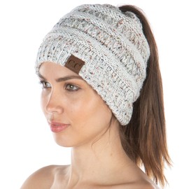 Funky Junque Exclusives BeanieTail Messy Bun Ponytail Beanie Hat - Ivory Confetti