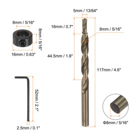 HARFINGTON 2pcs Pocket Hole Drill Bit 5/16" Dia 13/64" Tip Round Shank Replacement Twist Step Drill Bit with M8 Depth Stop Collar and Wrench for Woodworking