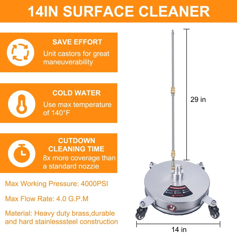 Pressure Washer Surface Cleaner with 4 Wheels (14 Inch)