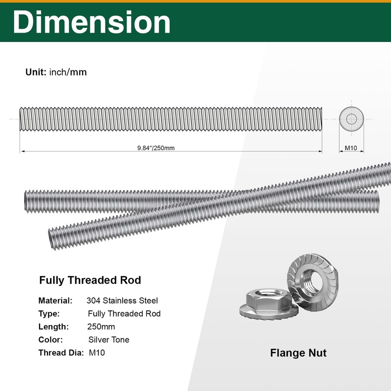 M10-1.5x250mm Fully Threaded Rod Studs, 304 Stainless Steel Long Threaded
