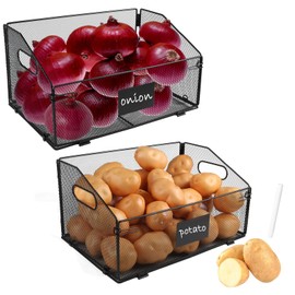 Xbopetda Potato and Onion Storage Bin, Trapezoid Metal Mesh Vegetable Storage with Handle, Foldable Potato Bin Onion Keeper Fruit Basket Snack Bin for Kitchen Pantry Organizer and Storage, Set of 2