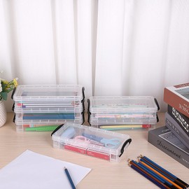 TOLIDA Pencil Box 6 Pieces Plastic Stackable Pencil Box with Lid Transparent Stationery Box with Black Clip Pen Holder Storage Box for Children Boys Students for School Supplies Office Supplies