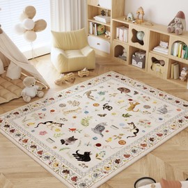 Rugcomf Area Rug 4x6 Rug Washable Boho Rugs Non Slip Low Pile Floral Animal Cat Small Carpet for Bedroom Bedside Kids Room Office Dining Room, Beige