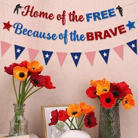 FHGG Pre-Strung Memorial Day Decorations Banner Thank You Veterans Days Glitter Blue Red Sliver 4th of July Patriotic for Memorial Day Office Home Outdoor Indoor Party Decor NO DIY