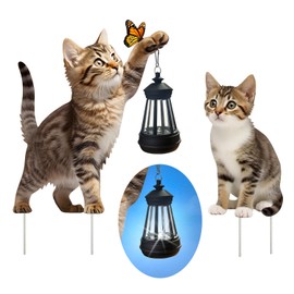 VividLadybug Metal Cat Stake with Solar-Powered Light, Outdoor Solar Decorative Cat Stake, Calico cat Holding Solar Lantern Decor Stake for Outdoor Garden Lawn Yard Set of 2