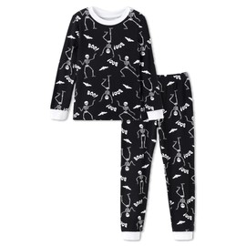 PATPAT Toddler Kids Pajama Sets with Bamboo Viscose - 2 Pieces Soft Snug Fit Pjs for Boys and Girls,All-Season Comfort Sleepwear, Black Skeleton Boo, Size 10 Years