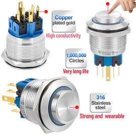 UL Certification 25MM Momentary Push Button Switch High Round Head 2NO2NC DPDT/SPDT Stainless Steel Shell with 12V LED Angel Eye Ring Suitable for 0.98" Mounting Hole (Blue, High Head)