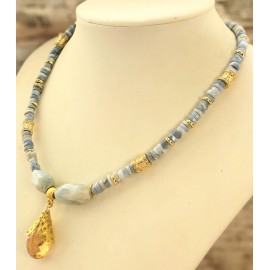 Blue Opal & Aquamarine W/ Synthetic  Citrine Pendant In Dainty Contrast Necklace