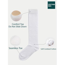 COTTON DAY 3 Pack Kids Girls Soft Knee High School Uniform Dress Socks Seamless Toe 12-14 Years White XXL (14)