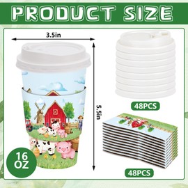 JarThenaAMCS 48 Set Farm Animal Disposable Coffee Cups with Lids and Sleeves Cartoon Farm Paper Cups Barnyard Drinking Cups for Farm Party Supplies