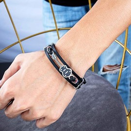 Mens Womens Black Leather Cuff Bracelet Multi-Layer Handmade Woven Rope Guitar Wristband (Black, One Size)