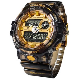 PINDOWS Men's Watch, Transparent Gold Analog Digital Dual Time, 50m Waterproof, LED Backlight Multi-Function Alarm Stopwatch, Ideal for Sports, Outdoor Activities, Everyday Use, Modern