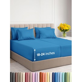 Extra Deep Split King Sheet Set - 7 Piece Breathable & Cooling Sheets - Hotel Luxury Bedding Set w/18-24 Inch Extra Deep Pockets - Easy Fit, Soft, Wrinkle Free & Comfy - Denim Blue, Split King Size