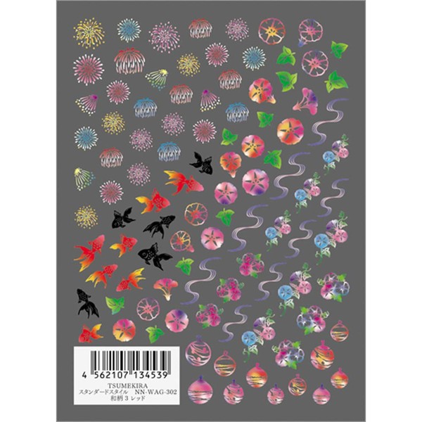 Tsumekira NN-WAG-302 Nail Stickers, Japanese Pattern 3, Red