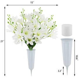 CUQRY Artificial Cemetery Flowers with Vase -2 Set of White Silk Memorial Orchids with Headstones Vase for Grave Graveyard Decoration
