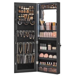 SONGMICS Jewelry Cabinet Armoire, Wall or Door Mount Storage Organizer with Full-Length Mirror, Lockable Cabinet with Built-in Small Mirror, Shelves, Gift Idea, Rustic Brown UJJC003X01