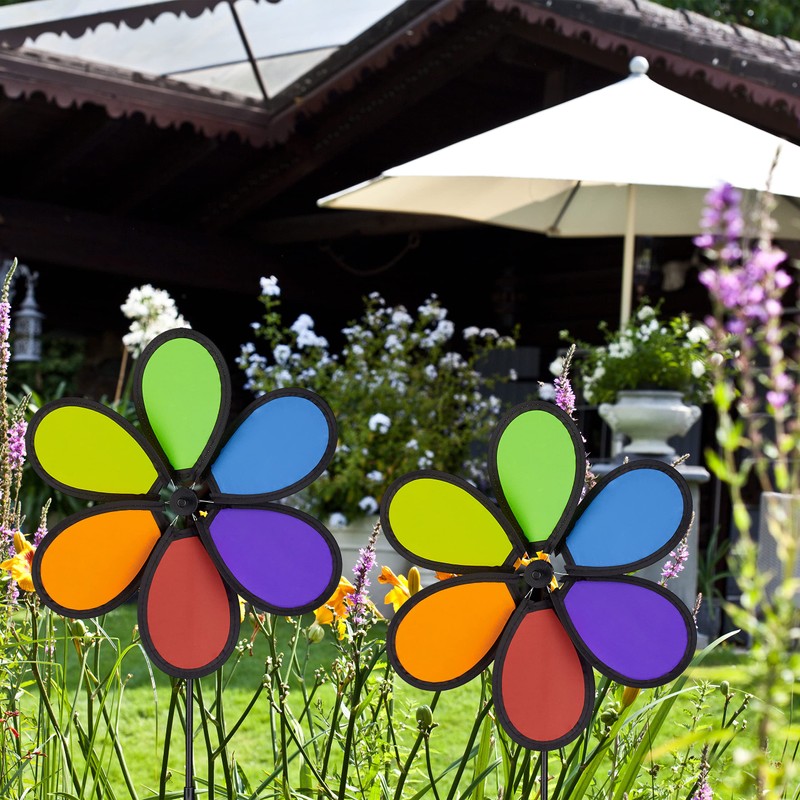 Relaxdays flower windmill, set of 2, decorative garden pinwheel, wind