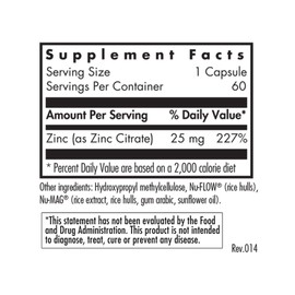 Allergy Research Group - Zinc Citrate 25 mg - Immune, Mood, Bone Support - 60 Vegetarian Capsules