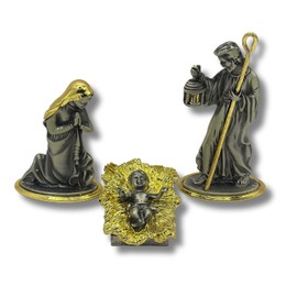 3 ARCHES USA Metal Nativity Set Christmas Decorations - 3-Piece Holy Family Pewter Figurines with Gold Plating - 4.5 Tall Exquisitely Detailed Table Decor for Holiday Display