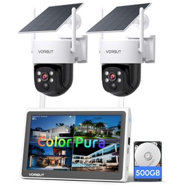 VORGUT Solar Security Camera System Outdoor with 10'' Monitor, 2pcs 2K Solar Powered Home Security Cameras, Full Color Night Vision, 360° Pan Tilt, Human Detection, 2.4G/5G WiFi 10CH NVR with 500G HDD