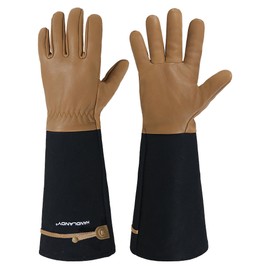HANDLANDY Long Gardening Gloves for Men & Women, Cowhide Leather Rose Pruning Gloves, Breathable Thorn Proof Gauntlet Gloves (Brown-Cowhide, L)