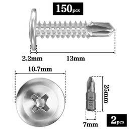Pack of 150 Self-Tapping Screws 410 Stainless Steel 4.2 x 13 mm Self-Tapping Screws Self-Tapping Drilling Screws for Steel Metal Screws Drilling Screws Countersunk Head with 2 Pieces Bits (Silver)