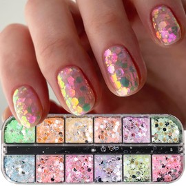 12 Grids Holographic Nail Art Glitter Hexagon Mermaid Nail Glitter Sequins Shiny Chunky Nail Sequins Mixed Shape Iridescent Glitter Flakes Nail Supplies for Women Nail Decorations Nail Glitter Powder