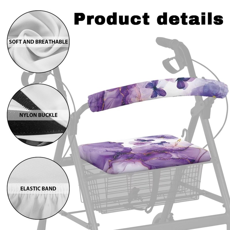 Luarisgur Purple Marble Rollator Walker Accessories Butterfly Pattern Walker Seat