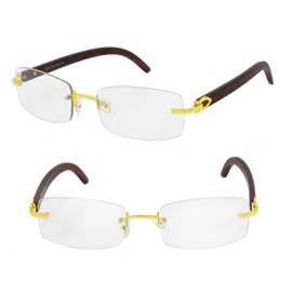 For Men's Gold Color Wood Effect Metal Frames Vintage Style Retro Eye Clear Lens Glasses (Rimless)