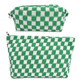 2PCS Travel Cosmetic Bag, Checkerboard Knitted Make Up Bags, Large Capacity Quilted Toiletries Bag for Women (Green and White)