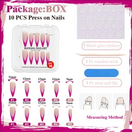 GREENTEA Handmade Long Stiletto Press-On Nails, Pink V-Shape French Tips, Nude and Hot Pink Ombre, 10 Pieces,Size-M