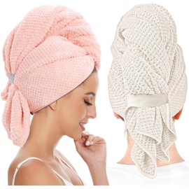 RUGNADOO Toalla Microfibra Cabello 2 Pack, Toalla de Cabello Seco con Botones, Gorro de BañO, Secado de Pelo RáPido, Turbante Suave Anti-Frizz, para Mujeres, BañO (Rosa)