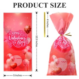 50 Pack Valentine's Day Cellophane Bags with 50 Pcs Twist Ties Red Heart Cello Bags Sweet Goodie Candy Treat Bags Party Favor Bags for Wedding Anniversary Supplies