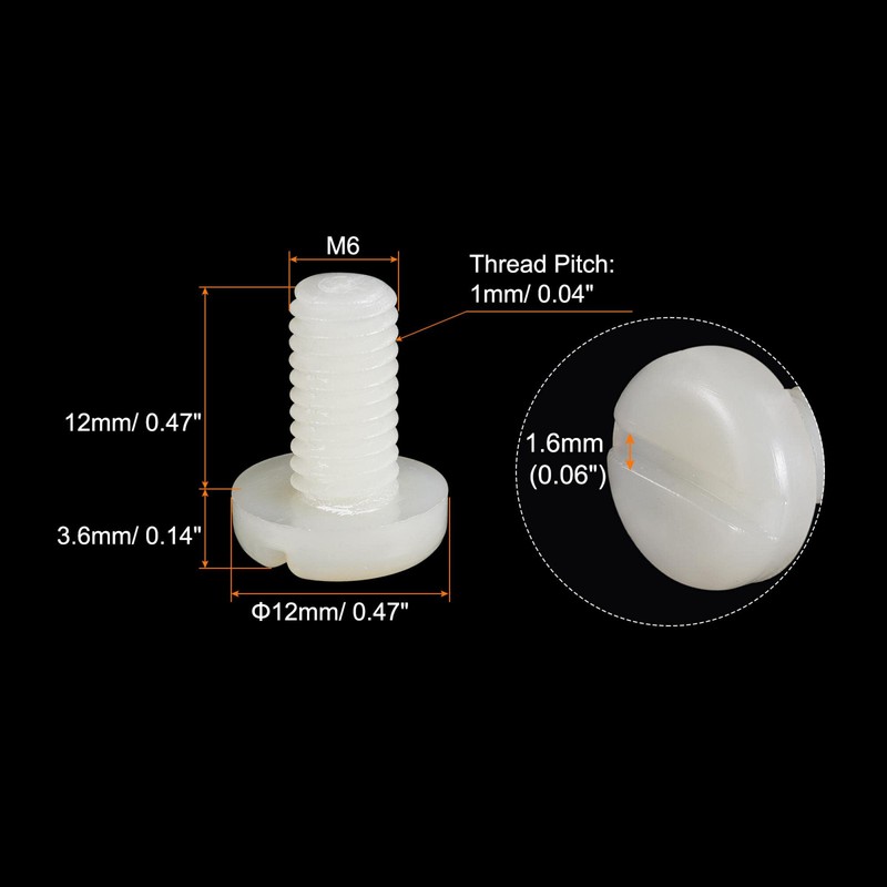 sourcing map Nylon Machine Screws, M6x12mm Slotted Pan Head Fasteners