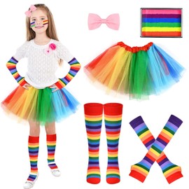 JcHrmers 5Pack Book Character Costume Rainbow Costume Set Including Rainbow Socks Gloves Tutu Skirt Pink Hair Clip Face Painting Makeup for World Book Day Cosplay Supplies