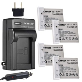 Kastar NB-4L Battery (4-Pack) + Charger for Canon SD40, SD30, SD200, SD300, SD400, SD430, SD450, SD600, SD630, SD750, SD780, SD940, SD960, SD1000, SD1100, SD1400, TX1, ELPH 100, 300, 310, 336, VIXIA