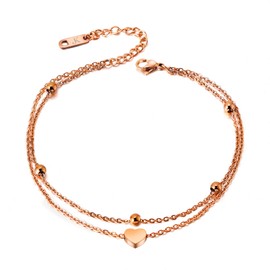 Kim Johanson Zoe Stainless Steel Women's Anklet in Silver, Gold & Rose Gold Double Row Anklet with Balls and Heart Pendant Coins Women Boho Jewellery Waterproof Adjustable Includes Jewellery Bag,